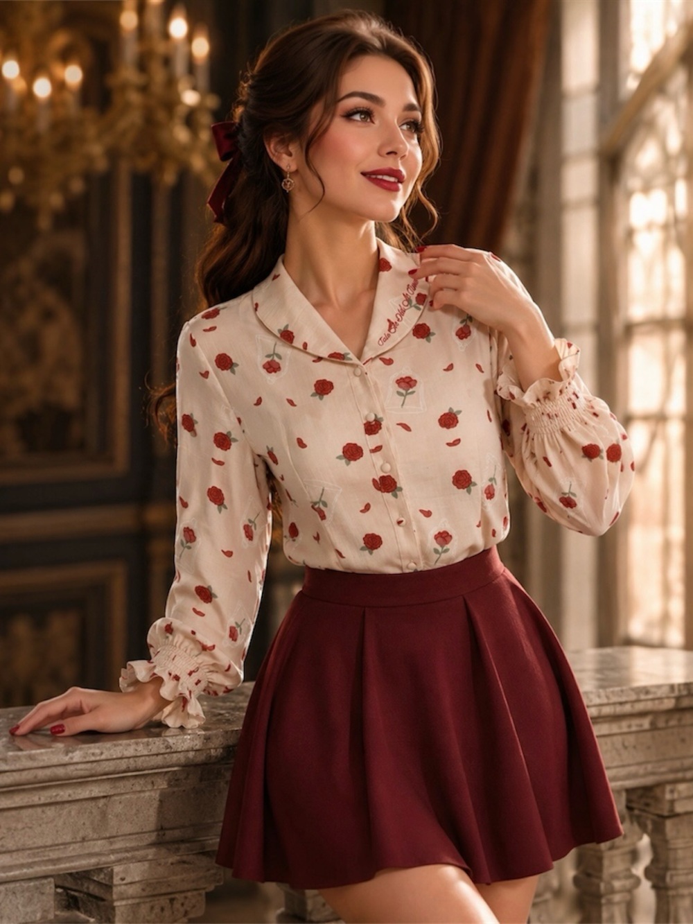 Disney Beauty And The Beast Rose Woven Long-Sleeve Blouse